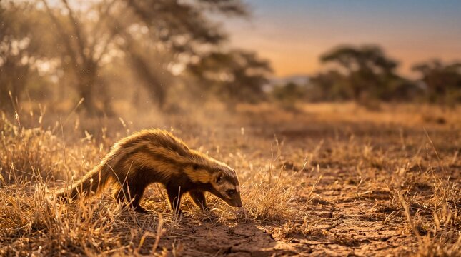 Striped polecat exploring the golden savanna during dramatic golden hour lighting.