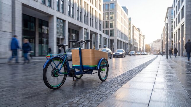 Electric cargo tricycle moving through a modern city street setting.