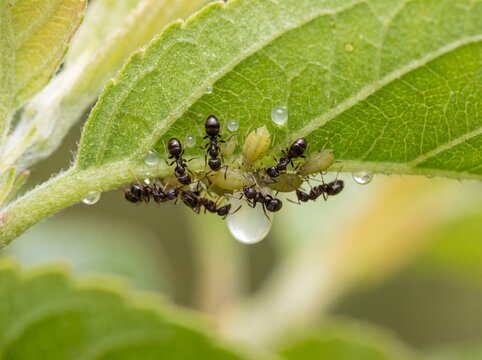 Black ants gather nectar from aphids on a vibrant green leaf