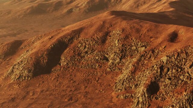 The scene shows a rocky landscape on an alien planet. The sun sets in the background, casting warm colors on the red soil and rocky formations.