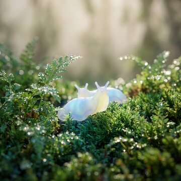 Bioluminescent sea slug life rests on moss among dew drops in a magical forest.