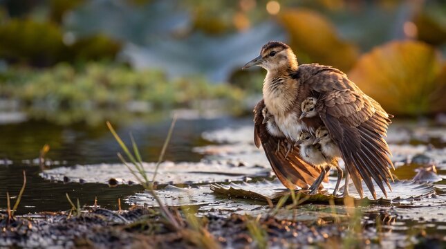 Jacana father nurturing chicks on rich earth during golden hour light