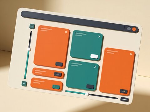 A modern, clean digital interface design featuring orange and teal squares, slider bars, plus and minus buttons, and dots, displayed