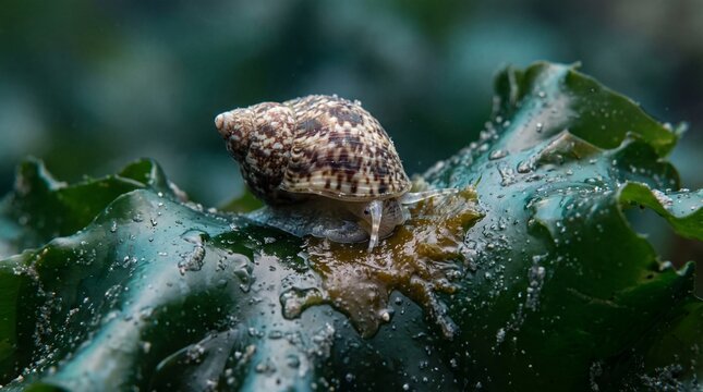 Sea gastropod grazing on richly textured kelp frond in a deep marine environment