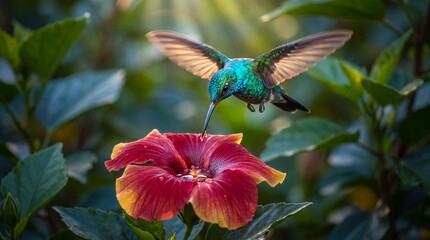 Naklejka premium Hummingbird approaches a red flower in a vivid tropical jungle setting.