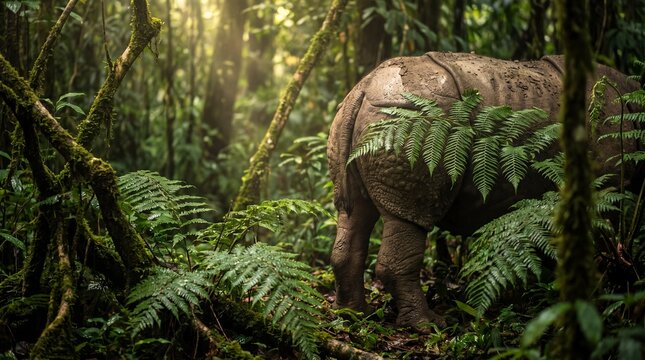 Sumatran rhino positioned among wet foliage in the moist tropical rainforest