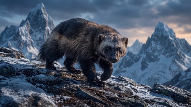 Wolverine strides powerfully over rocky alpine terrain in dramatic winter light