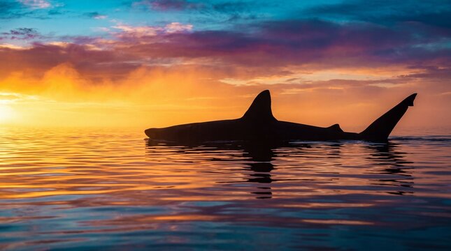 Black shark silhouette against vibrant sunset over calm ocean water