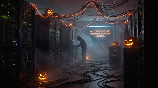 Spooky server room with glowing jack-o-lanterns and orange lights for Halloween