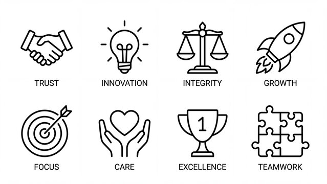 Core values line icon set for corporate business on white background