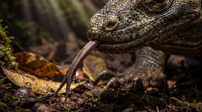 Komodo dragon tongue flicking in macro detail against dark forest floor
