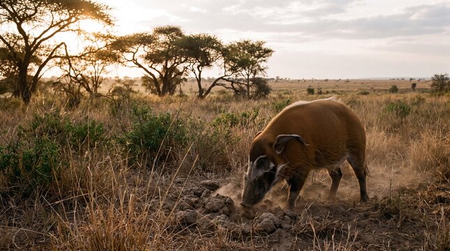 Red River Hog Forage in Savanna During Dramatic Golden Hour Light