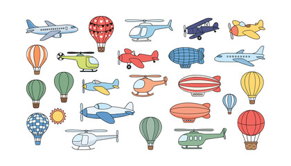 PrintCute hand drawn aviation vector set with cartoon airplanes helicopters hot air balloons and blimps isolated on white background © moinul