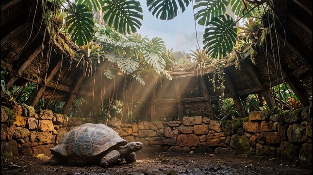 Galapagos tortoise resting in vast dome sanctuary with filtering sunlight.