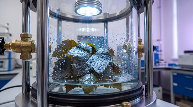 Wet grape leaf water potential viewed inside a scientific pressure chamber.