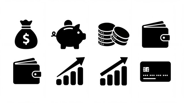 Set of financial icons black silhouette vector on white background