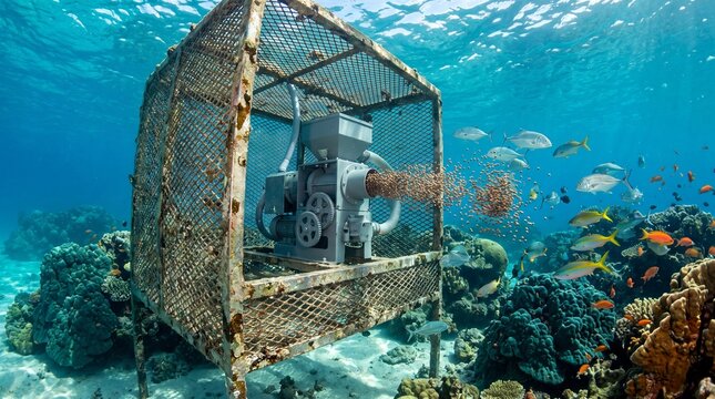 Tropical reef life gathered around an automated fish feeding station underwater.
