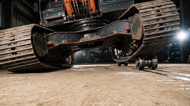 Powerful excavator machinery tracks engage gritty concrete floor in industrial setting