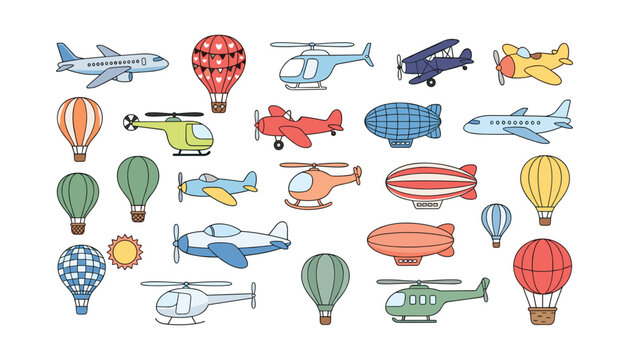 PrintCute hand drawn aviation vector set with cartoon airplanes helicopters hot air balloons and blimps isolated on white background