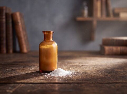 Amber reagent bottle with granular material on rustic wood surface