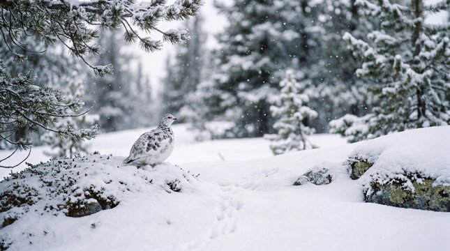 Ptarmigan blending into deep snowscape amid falling flakes in a forest