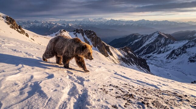 Bear walks through snowy Himalayan mountains during golden hour.