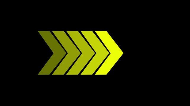 Dynamic neon yellow chevron arrow motion animation featuring a pulsing geometric directional indicator isolated on a solid black background, for modern digital, interface and user experience