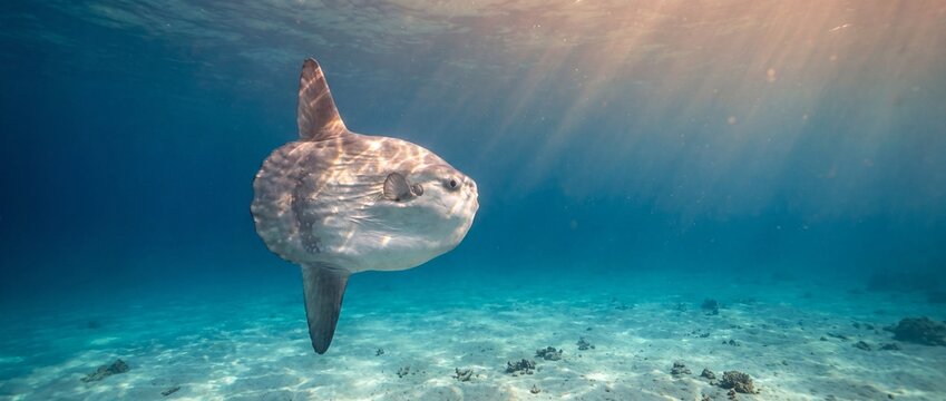 Mola mola sunfish floating in vast tropical ocean water in deep blue.