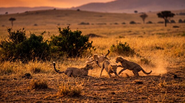 Playful cheetah cub group stalking on the vast African savanna at golden hour