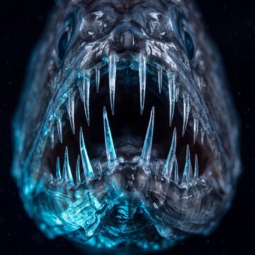 Viperfish jaw with crystalline teeth, illuminated by bioluminescent cyan light