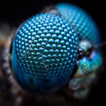 Intricate dragonfly eye macro detail revealing vibrant blues and greens