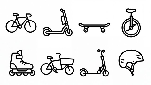 Set of micro mobility icons minimalist line art vector illustration