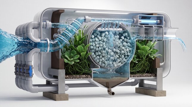 Scientific cross-section of a closed-loop aquaculture biofilter system.