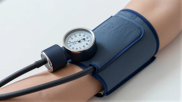 Person measures blood pressure with cuff and gauge on arm.