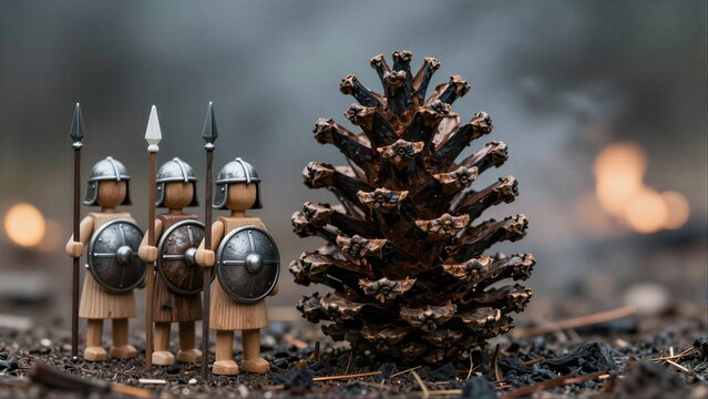 Wooden knights stand before a pinecone, firelight glowing in the background.