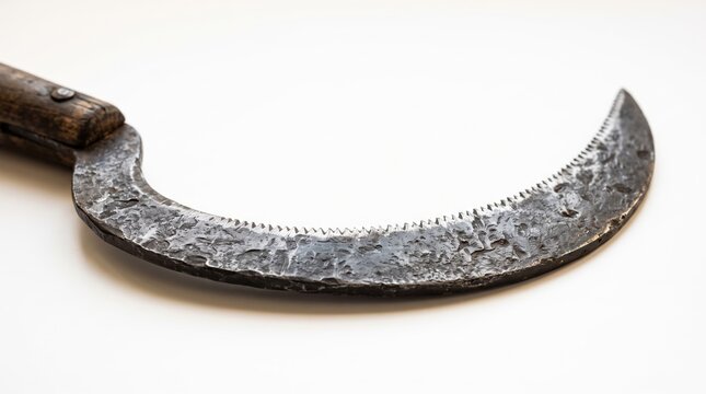 Old rusty sickle with a dark wooden handle
