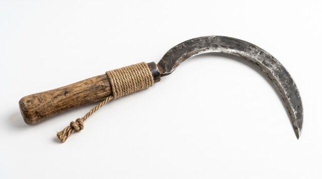Old metal sickle with wooden handle