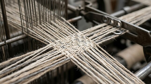 Close-up of mechanical loom machinery weaving natural linen threads into textile fabric in a traditional manufacturing factory workshop