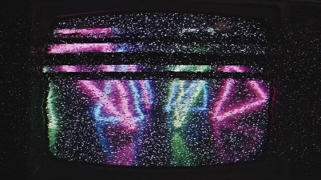 Vintage TV Screen with Neon Geometric Triangles VHS Glitch Effect and Static Noise Distortion Loop