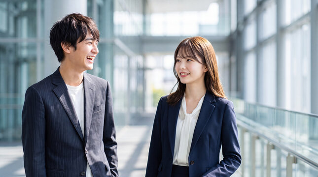 楽しそうに談笑する20代の男女社員（コミュニケーション・チームワーク・オフィスカジュアル・採用）