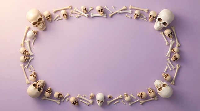 Flat lay frame of human skulls and bones on a pastel purple background