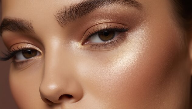 Close-up of a woman's face focusing on her smooth skin, well-groomed eyebrows, and subtle makeup highlighting her brown eyes.