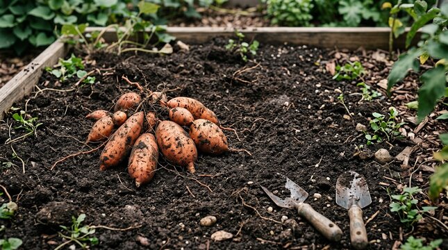 Freshly harvested potatoes in garden soil with tools.