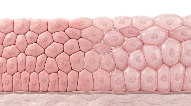 Microscopic biological illustration of human skin tissue layers with detailed cellular structure, representing dermatology research, anatomy, biology, medical science, and healthcare study.