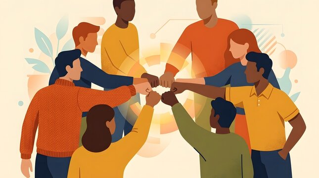 Warm vector illustration showing a group of diverse professionals standing together and joining hands in a motivational gesture of partnership and teamwork.