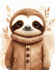Fototapeta premium Cute cartoon sloth wearing a cozy beige knitted sweater, smiling with big eyes against a soft leafy background.