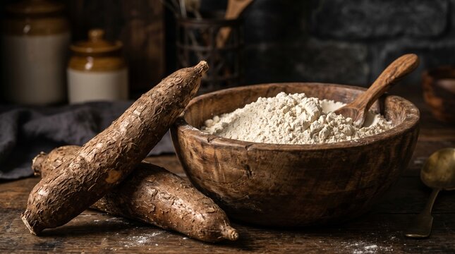 Rustic wooden bowl with cassava flour and roots on dark table.