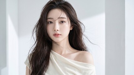 Naklejka premium Beautiful East Asian woman with long dark hair, elegant off-shoulder white top, soft natural studio lighting, clean minimalist background