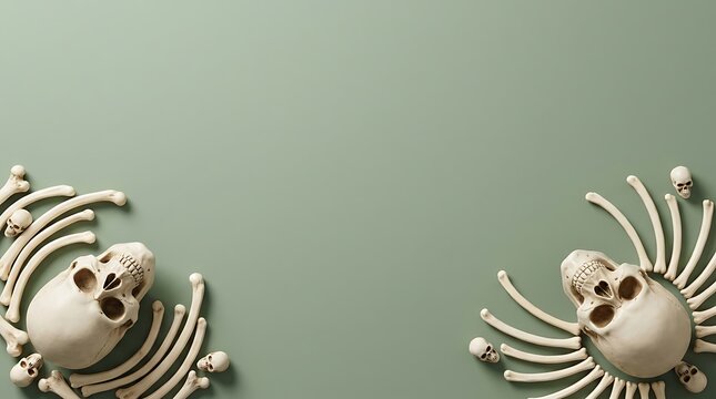 Two human skulls and rib bones arranged in a flat lay on a sage green background
