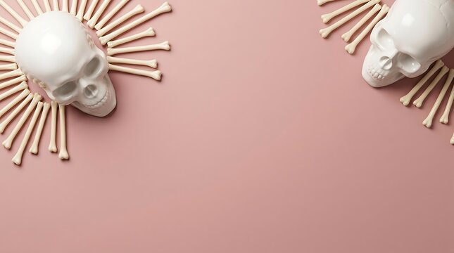Two white human skulls with radiating bone patterns on pink background